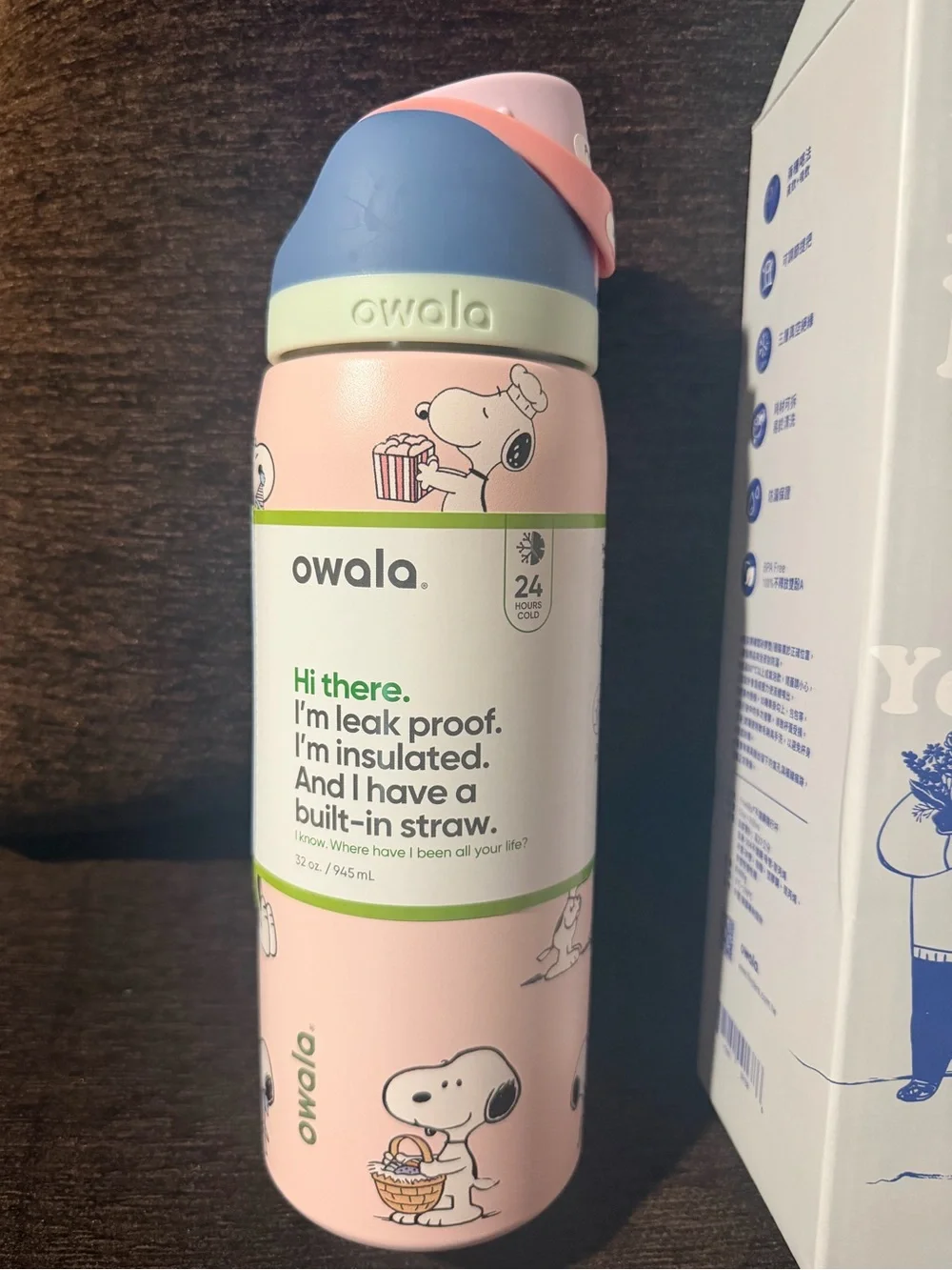 Kids 32 oz Insulated Straw Bottle - Pink with Blue Lid (Snoopy)